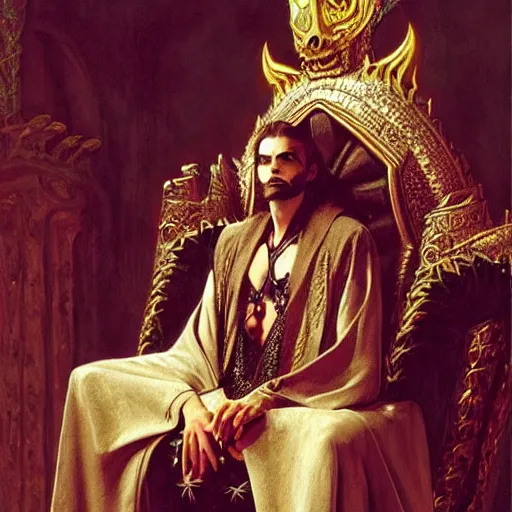 Image similar to perfectly centered portrait of attractive vampire king in a robe sitting on a throne of bones, highly detailed painting by gaston bussiere, craig mullins, j. c. leyendecker, 8 k