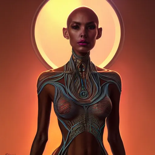 Image similar to wide angle full body portrait of an alien female, with a perfect face and perfect body, thin waist, intricate, single face, psychedelic background, highly detailed, digital painting, artstation, concept art, smooth, sharp focus, illustration, Unreal Engine 5, 8K, art by artgerm and greg rutkowski and alphonse mucha