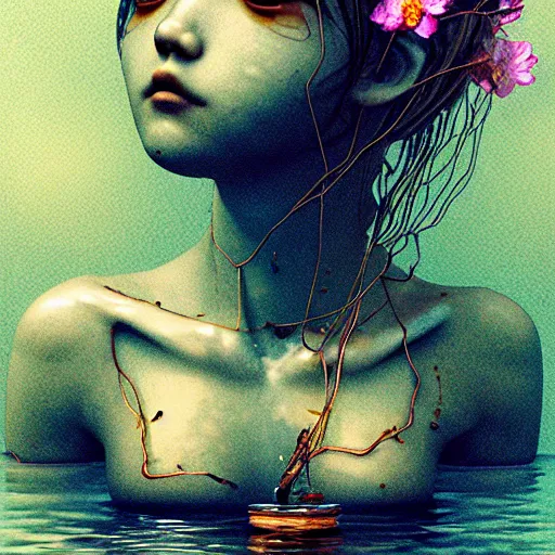 Image similar to prompt: Fragile looking vessel portrait face drawn by Katsuhiro Otomo, beautiful girl in lake with shining face octane 3d render super detailed, nymph in the water performing alchemy, small flowers and cables and wire around and on the side with artifacts and ancient book, intricate oil painting, high detail, Neo-expressionism, gnarly details