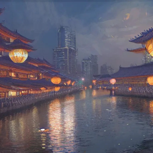 Image similar to concept art, river lanterns on the eve of ullambana festival, high resolution, by james gurney, king sejong, yi jeong, yi jing, artstation