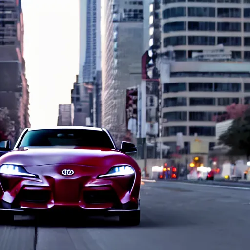 Image similar to still of a toyota supra on the road in New York, action shot, 85mm, night city, anime, cell shaded, in the spotlight