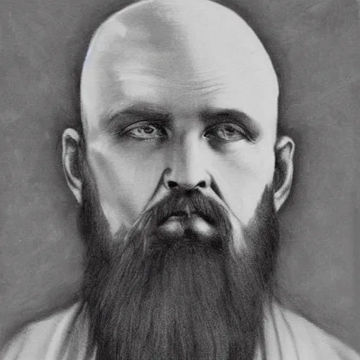 Image similar to charcoal portrait of an early 20th century russian orthodox priest, bald, bierdless, no eyebrows