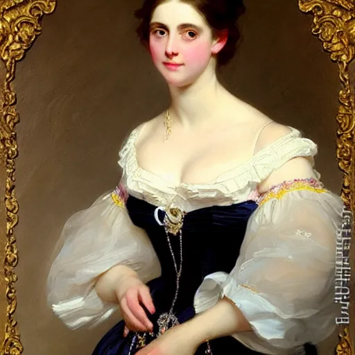 Prompt: beautiful painting of a queen by franz xaver winterhalter, highly detailed, vivid, romanticism, 1 8 6 0 s style art, high quality, elegant, fancy