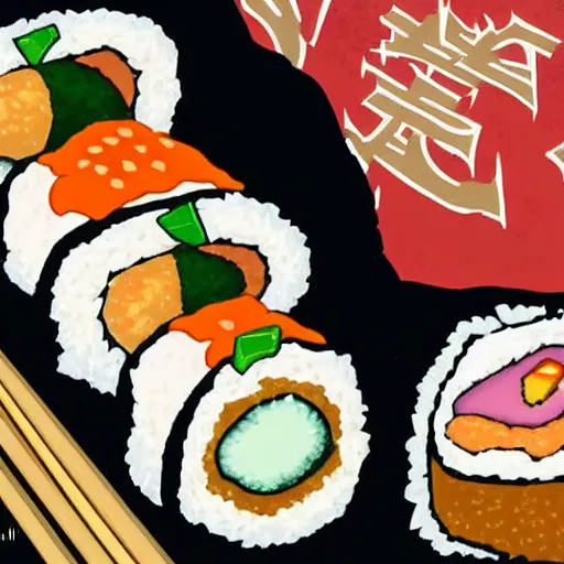 Image similar to illustration of philadelphia roll sushi, in traditional japan style, by makoto shinkai and takashi takeuchi