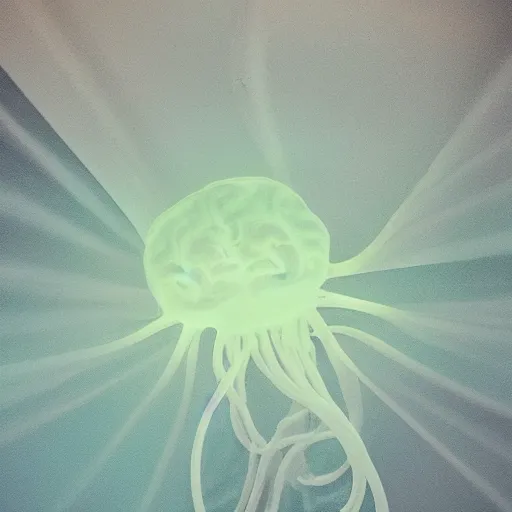 Prompt: translucent brain 🧠, with many tentacles, floating in the deep ocean, ethereal lighting, crepuscular rays