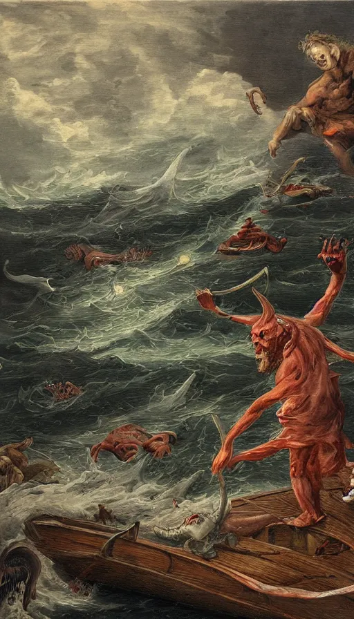 Image similar to man on boat crossing a body of water in hell with creatures in the water, sea of souls, by esao andrew