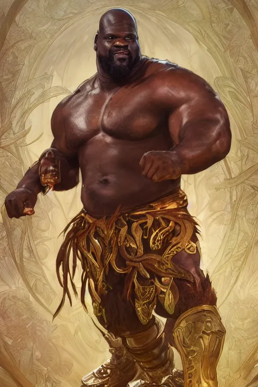 Image similar to portrait of shaquille o'neal as a hulking herculean demon, forest, godlike, full body, fantasy, intricate, elegant, highly detailed, digital painting, artstation, concept art, sharp focus, illustration, art by artgerm and greg rutkowski and alphonse mucha