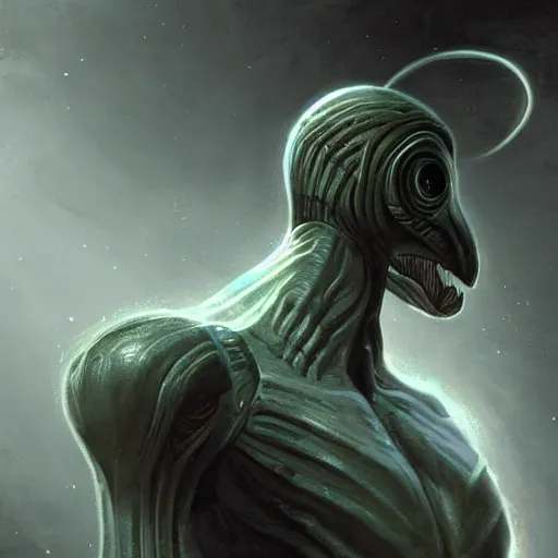 Prompt: generic alien being by raymond swanland, highly detailed