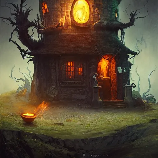 Image similar to a tarot card with interior witch's house with a cauldron smoking, one crow, fantasy art, in the style of greg rutkowski, illustration, epic, fantasy, cinematic, intricate, hyper detailed, artstation, concept art, smooth, sharp focus, ray tracing