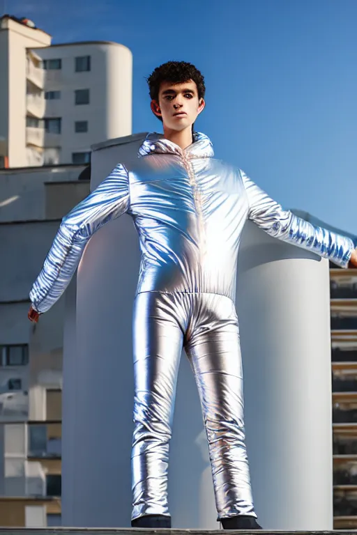 Image similar to un ultra high definition studio quality photographic art portrait of a young man standing on the rooftop of a british apartment building wearing soft baggy inflatable padded iridescent pearlescent clothing. three point light. extremely detailed. golden ratio, ray tracing, volumetric light, shallow depth of field. set dressed.