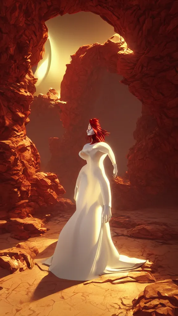 Image similar to a mysterious woman with red hair and white gown, DMT imagery, Octane render, PBR, path tracing. subsurface scattering. By Syd Mead and Tyler Edlin and Paul Lehr and Albert Bierstadt