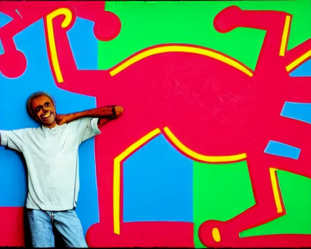 Image similar to gilberto gil street art by keith haring. gilberto gil smiling, eyes closed. bright blue background