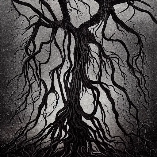 Image similar to award - winning painting of a edgar alan poe, infested with pitch black, tar - like, shadow roots with lots of tendrils on the skin, black veins, intricate detail, deep black roots, infestation, shadowy, lovecraftian, beksinksi, black and white, chiaroscuro, full body shot