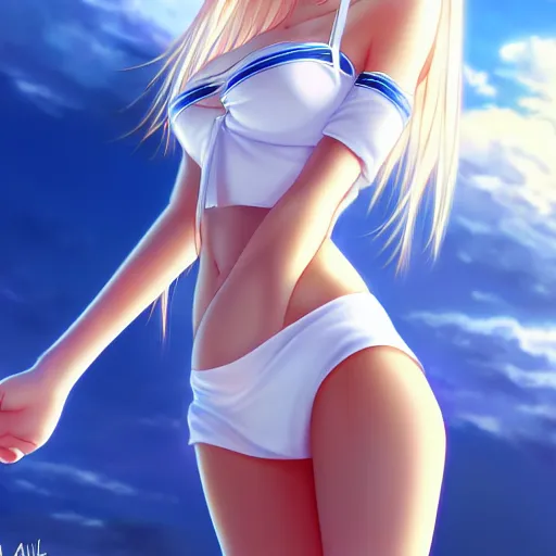 Image similar to tiny father a tall daughter picture : a very beautiful young blond anime girl, sky blue eyes, bikini, white miniskirt, highly detailed, cinematic wallpaper by stanley artgerm lau