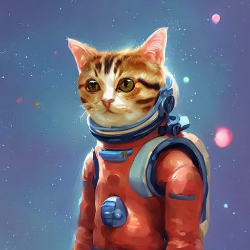 Image similar to head and shoulders masterpiece portrait of a cute adorable cat wearing a spacesuit, surreal background, digital art by krenz cushart, trending on artstation, cgsociety,