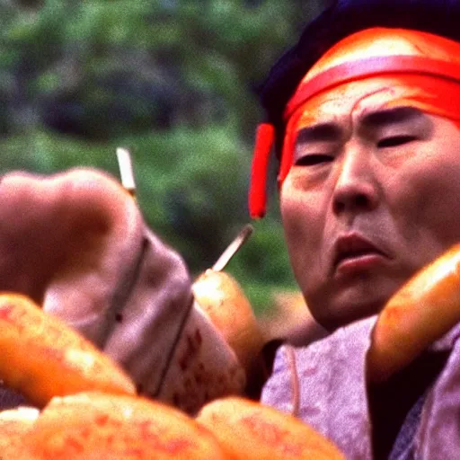 Image similar to a samurai fighting with delicious hot dogs, scene from Kagemusha, 1980, movie still, cinematic, epic,