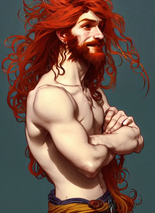 Image similar to portrait of a young ruggedly handsome but joyful pirate, male, masculine, full body, red hair, long hair, d & d, fantasy, intricate, elegant, highly detailed, digital painting, artstation, concept art, matte, sharp focus, illustration, art by alphonse mucha