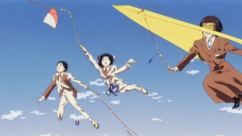 Image similar to a woman wearing a brown dress suit and a pigeon mask surfing on a kite the air in Tokyo, anime film still from the an anime directed by Katsuhiro Otomo with art direction by Salvador Dalí, wide lens