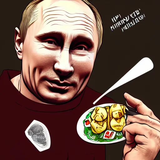 Image similar to happy putin eats dumplings, concept art, trending on artstation, highly detailed, intricate, sharp focus, digital art, 8 k