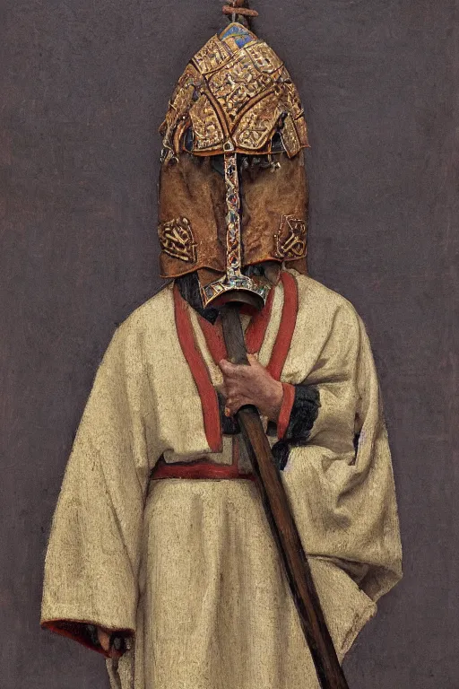 Prompt: slavic dog head man, woolen torso in medieval clothes, holding a weapon, orthodox, oil painting, concept art, hyperrealism, beautiful, high resolution, trending on artstation, by annie swynnerton and nicholas roerich, embroidered robes, elaborate costume, geometric ornament, symbolist, soft colors, dramatic lighting, extremely detailed, two hands,