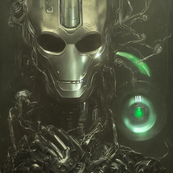 Image similar to portrait of a green Ultron from Age of Ultron, clockwork steampunk, head and chest only, by Beksinski, 4k, deviantart, trending on artstation