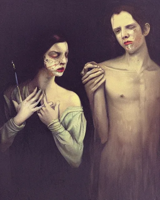 Prompt: a beautiful and eerie baroque painting of a brother and sister who are beautiful but creepy, wearing pale linen, with haunted eyes and dark hair, 1 9 7 0 s, seventies, wallpaper, a little blood, morning light showing injuries, delicate embellishments, painterly, offset printing technique, by brom, robert henri, walter popp