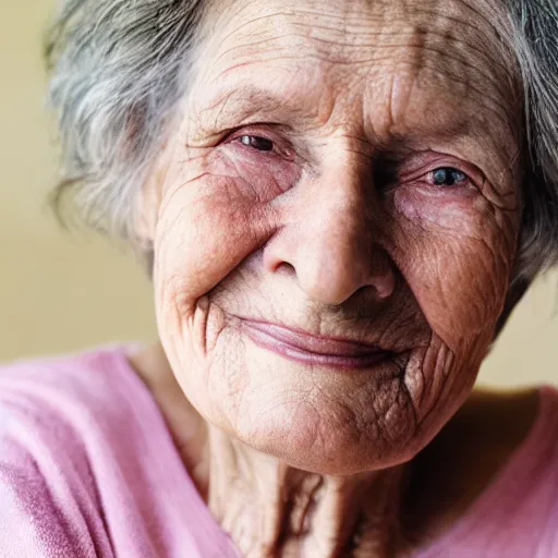 Prompt: The photograph of a kind, soft smiling, very old beautiful woman, looking peacefully into the camera
