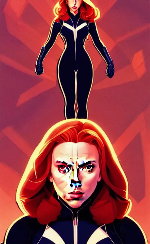 Image similar to rafeal albuquerque comic art, joshua middleton comic art, artgerm, cinematics lighting, night time, pretty scarlett johansson black widow, big smirk, symmetrical face, symmetrical eyes, long red hair, full symmetrical body, flying in the air, jumping off rooftop