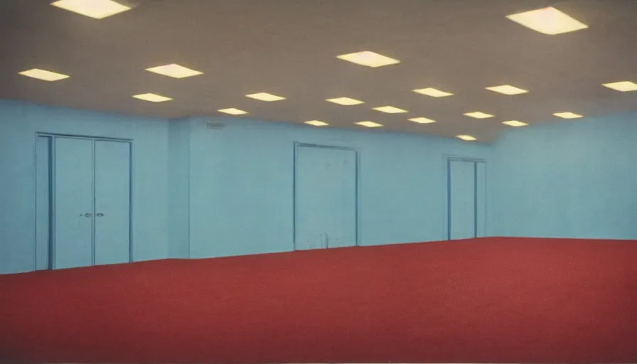 Image similar to 60s movie still of a sovietic stalinist style empty ballroom with one toilet and light blue tiles floor, cinestill 800t 50mm eastmancolor, liminal Space style, heavy grain-s 150