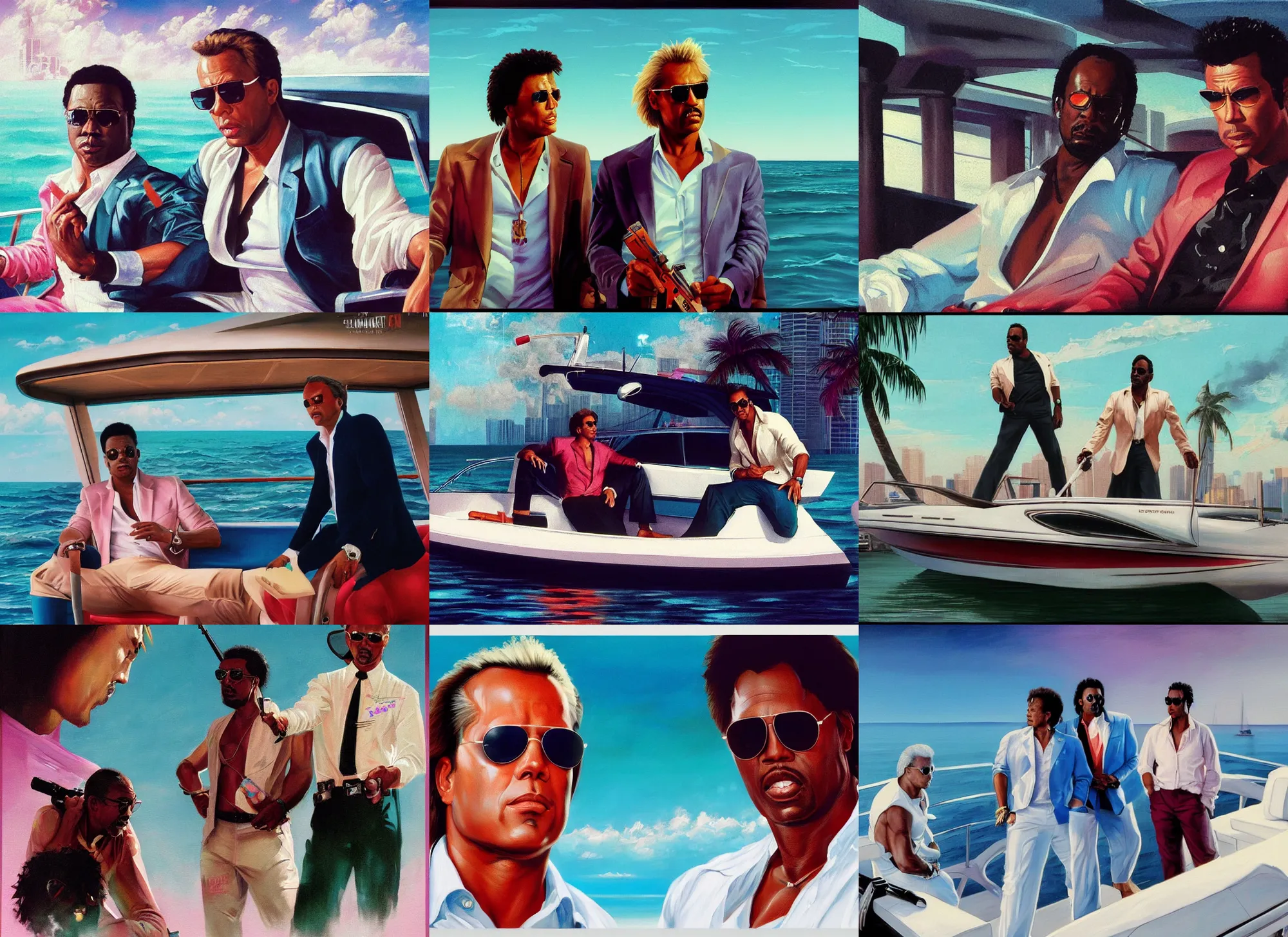 Prompt: a painting of crockett and tubbs in eighties miami vice on a boat, ultra realistic, highly detailed faces, true life, 8 k, masterpiece, cinematic, by frank frazetta, greg rutkowski, yoko taro, christian macnevin, beeple, wlop, krenz cushart, epic character art, dramatic lighting