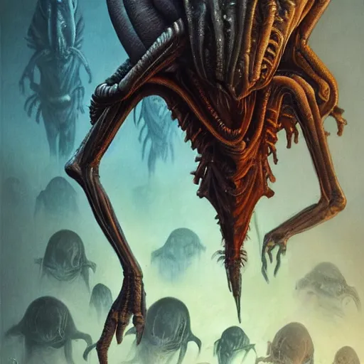 Image similar to aliens from the second edition of barlowe's guide to extraterrestrials, highly detailed, photorealistic, artstation, highly detailed, oil painting, dramatic lighting, award - winning, accurate anatomy