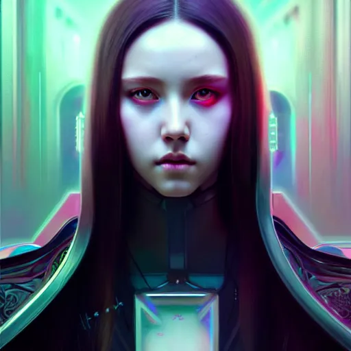 Prompt: portrait painting of a cyberpunk olivia hye from loona, ultra realistic, concept art, intricate details, eerie, highly detailed, photorealistic, octane render, 8 k, unreal engine. art by artgerm and greg rutkowski and magali villeneuve and alphonse mucha