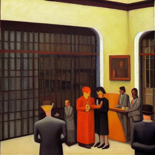 Prompt: public trial in a courtyard, grant wood, pj crook, edward hopper, oil on canvas