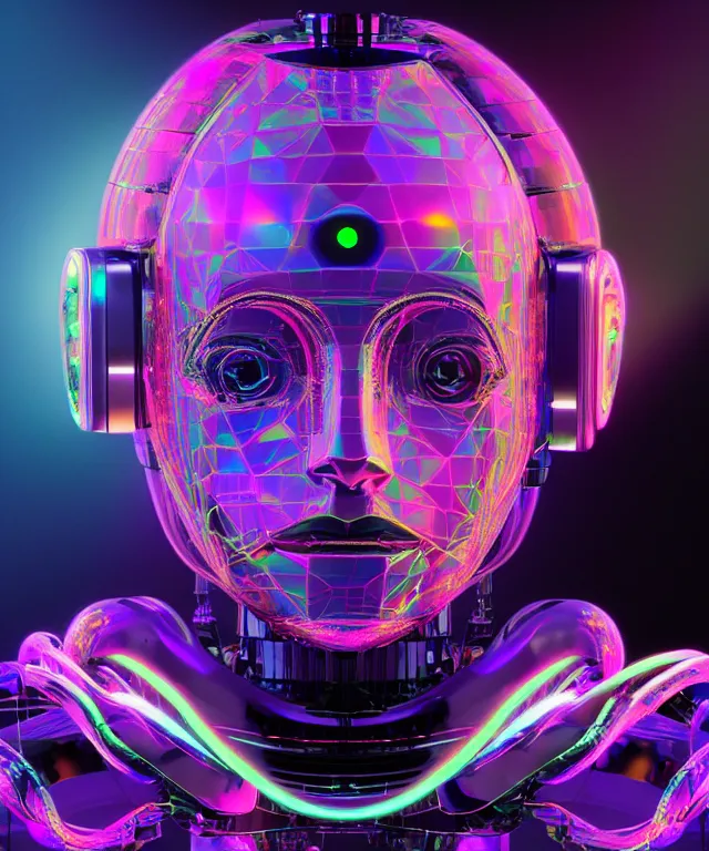 Image similar to a robotic head with artificial intelligence, connected to a lot of iridescent cables, generating the most beautiful image in a holographic monitor, in the style of Oscar chichoni and Peter mohrbacher and Dawid planet