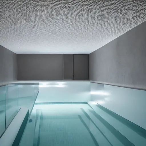 Image similar to an underground pool in an all white room with a low rounded textured ceiling, surreal, liminal, dreamlike, photo, dark, dim lighting