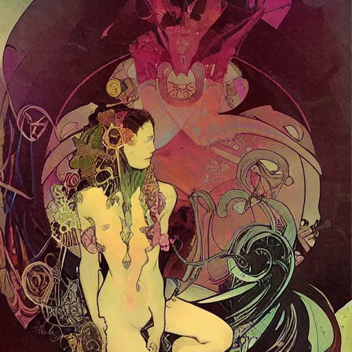 Image similar to cyberpunk dreaming by dave mckean and alphonse mucha and bill sienkiewicz