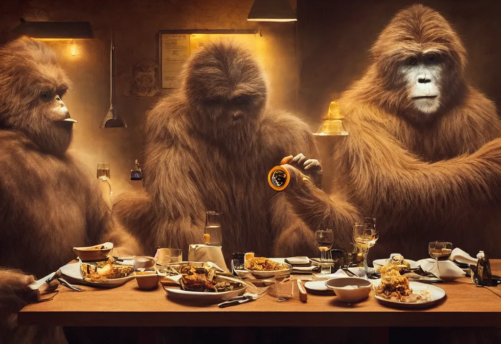 Image similar to accidentally wes anderson award - winning photograph of yeti and bigfoot eating lung in paris restaurant, accidental renaissance, golden ratio, fibonacci composition, 4 k, detailed, art by greg rutkowsky, trending on artstation, cinematic lighting, filmic grain, golden hour, detailed, 4 k