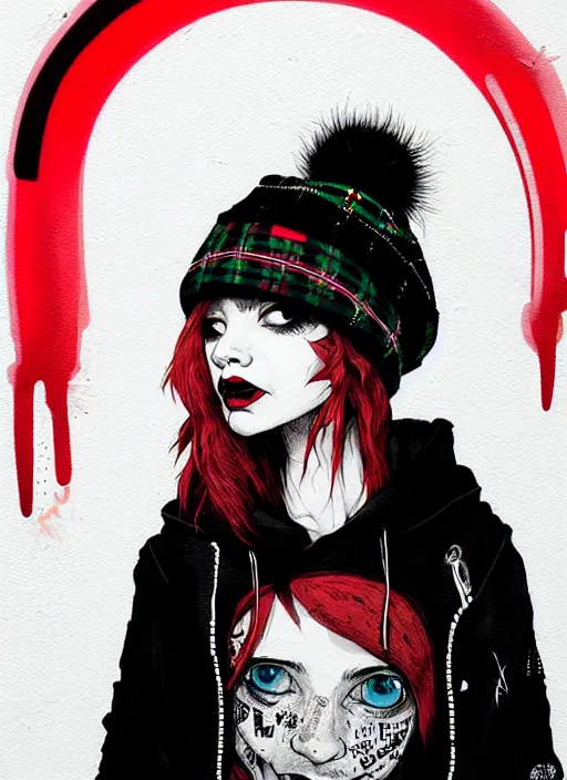 Image similar to highly detailed 3 / 4 profile portrait of an new york sewer punk lady student, eyes, tartan hoody, hat, white hair by atey ghailan, by greg tocchini, by kaethe butcher, by james gilleard, gradient red, black, brown, cream and white color scheme, grunge aesthetic!!! ( ( graffiti tag wall ) )