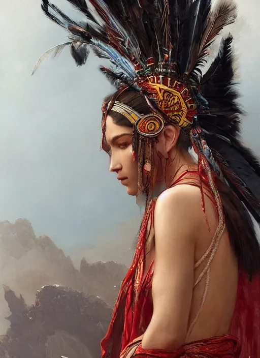 Prompt: gorgeous redskin woman wearing headdress, intricate, elegant, highly detailed, artstation, concept art, smooth, sharp focus, illustration, art by and greg rutkowski and orientalism and bouguereau