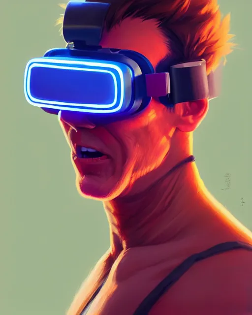 Image similar to highly detailed vfx portrait of a character of a wrestler with vr goggles, stephen bliss, chalk, unrealengine, greg rutkowski, loish, rhads, beeple, chalk, makoto shinkai and lois van baarle, ilya kuvshinov, rossdraws, tom bagshaw, basil gogos