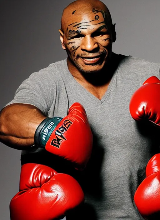Image similar to a portrait of mike tyson with fried chicken boxing gloves.
