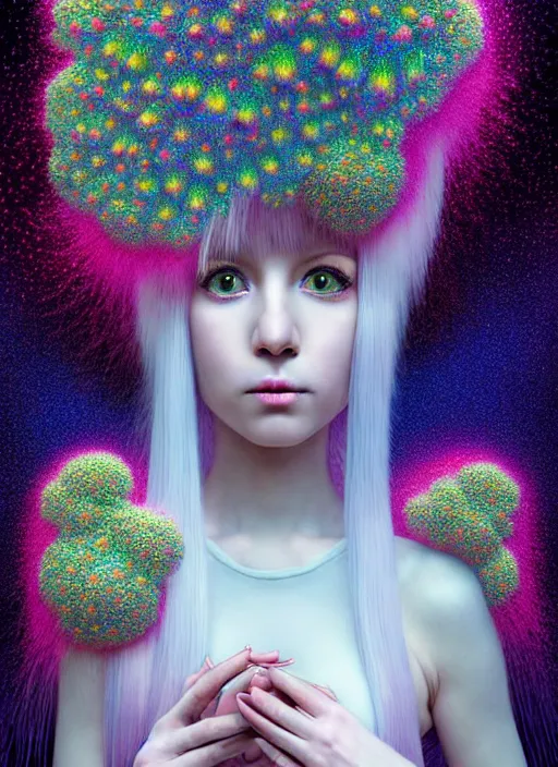 Image similar to hyper detailed 3d render like a Oil painting - kawaii portrait Aurora (white haired Singer Weasle) seen Eating of the Strangling network of yellowcake aerochrome and milky Fruit and Her delicate Hands hold of gossamer polyp blossoms bring iridescent fungal flowers whose spores black the foolish stars by Jacek Yerka, Mariusz Lewandowski, Houdini algorithmic generative render, Abstract brush strokes, Masterpiece, Edward Hopper and James Gilleard, Zdzislaw Beksinski, Mark Ryden, Wolfgang Lettl, hints of Yayoi Kasuma, octane render, 8k