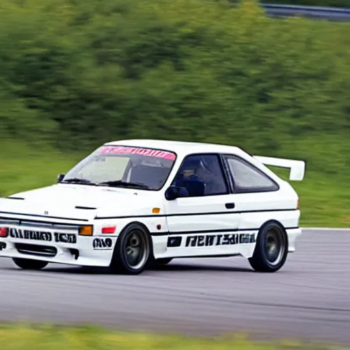 Prompt: a 1 9 9 2 ford escort rs cosworth driving on a race track