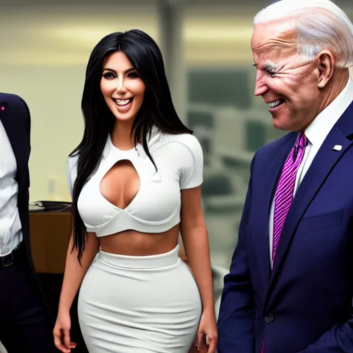 Image similar to stock photo of kim kardashian, and joe biden wearing suits and ties laughing in an office building, 8k resolution, full HD, cinematic lighting, award winning, anatomically correct