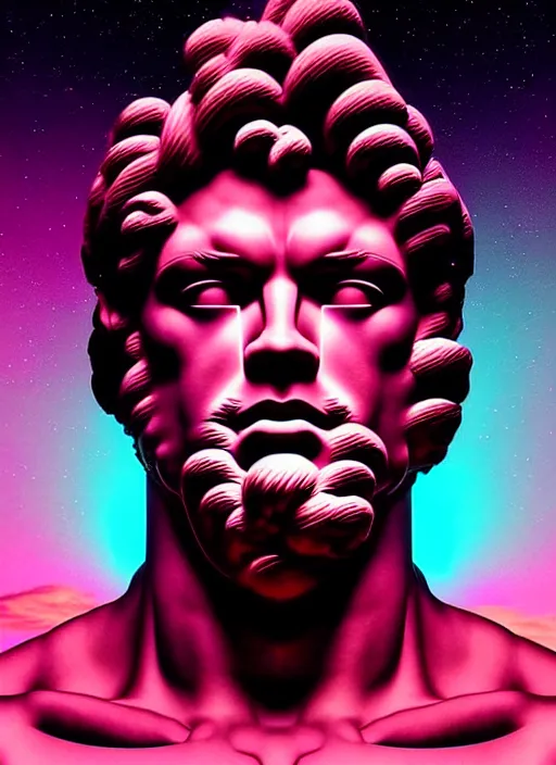 Image similar to statue of hercules, beeple, android jones, ( ( ( ( ( dan mumford ) ) ) ) ), vaporwave, retrowave, black background, neon wiring, black, glitch, strong contrast, cuts, pinterest, trending on artstation