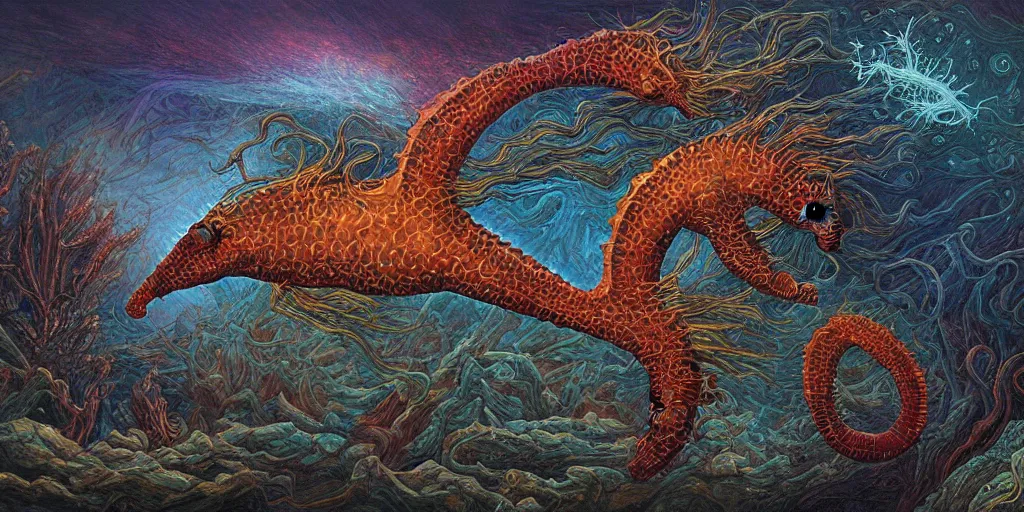 Prompt: bioluminescent seahorse by dan seagrave art