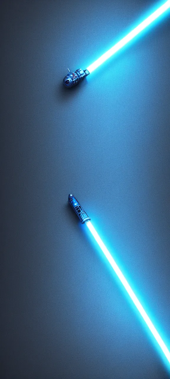 Image similar to detailed cinematic render, of a blue cyberpunk lightsaber lying vertically on a glossyfloor, in a dark room, photo from above, octane render 8 k, digital art, lightsaber wallpaper 4 k, ray tracing, jedi fallen order lightsaber wallpaper 4 k, cal kestis lightsaber wallpaper