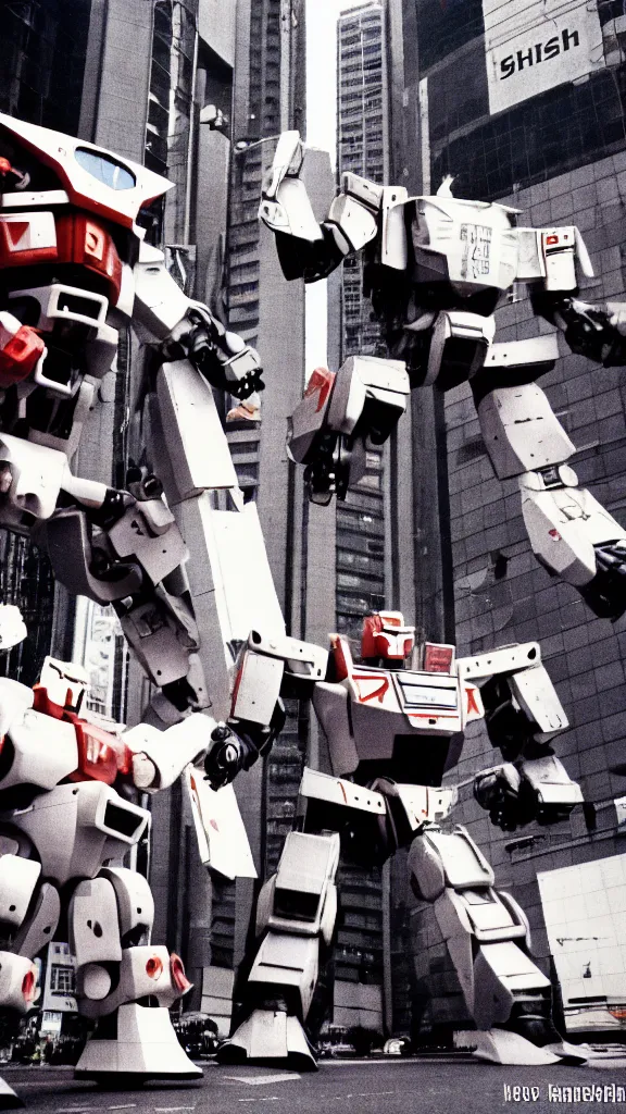 Image similar to 1 9 8 0 s giant robots fighting over tokyo, yashica t 4, slight motion blur