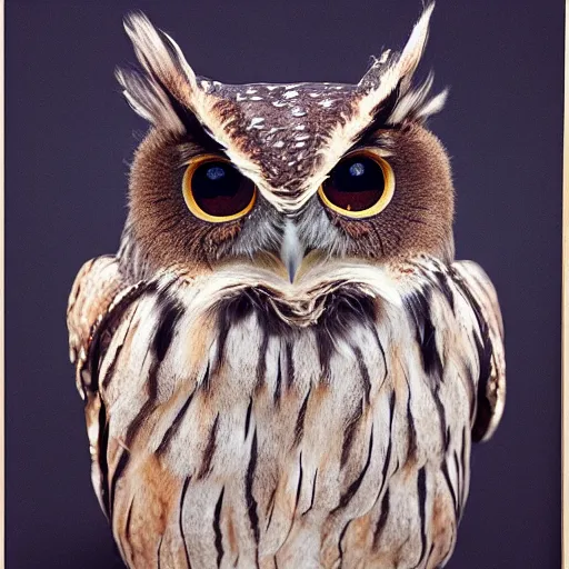 Image similar to a renaissance style portrait of an Eurasian scops owl (Otus scops) wearing a crown and a cape, dark background