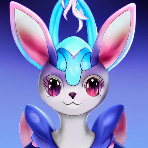 Image similar to aesthetic portrait of a shiny blue sylveon, hyperrealistic, super cute, character design, artstation, 4 k, ultra detailed digital art